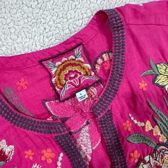 JOHNNY WAS Embroidered Linen Magenta Bohemian Shabby Chic Tunic Top SZ L - Picture 5 of 9